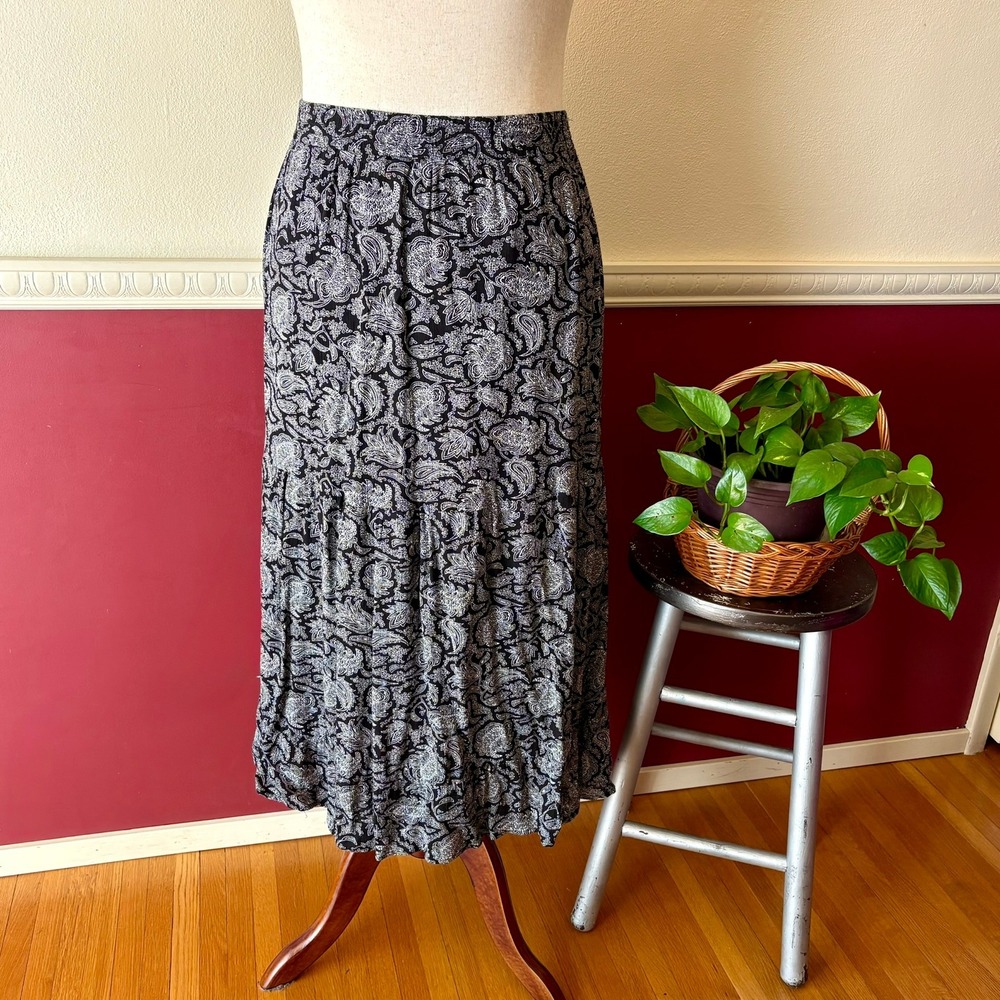 Twiggy London Black White Paisley Tiered Maxi Skirt 3X Boho Monchrome Textured